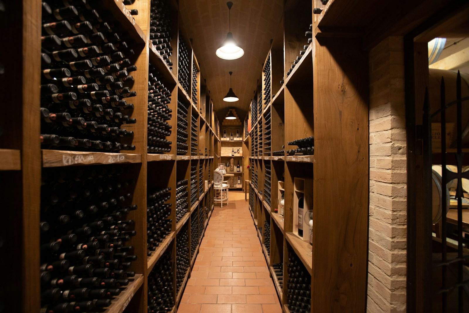 Cellar library of aging wine bottles