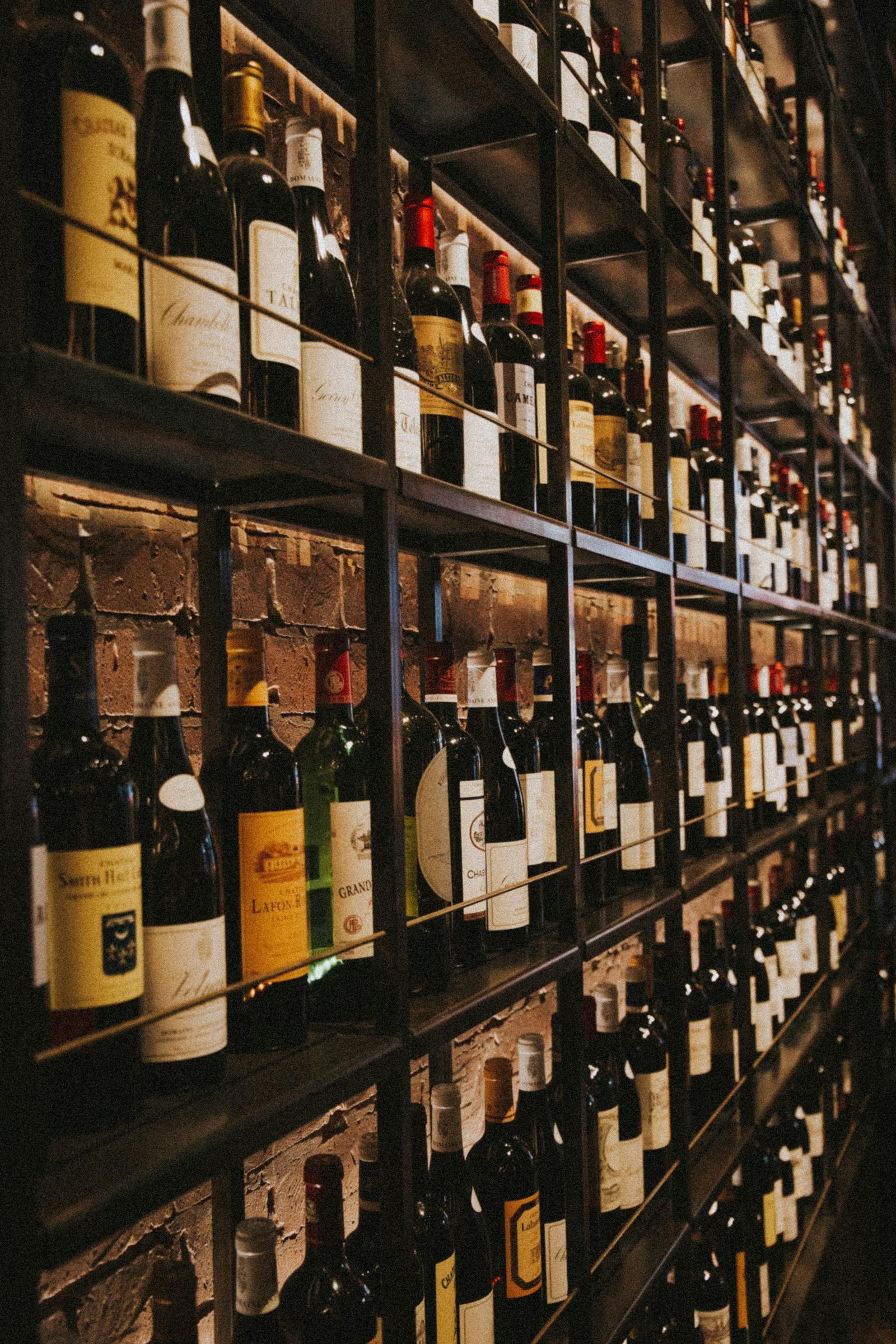 Shelves of fine wine bottles in the shop